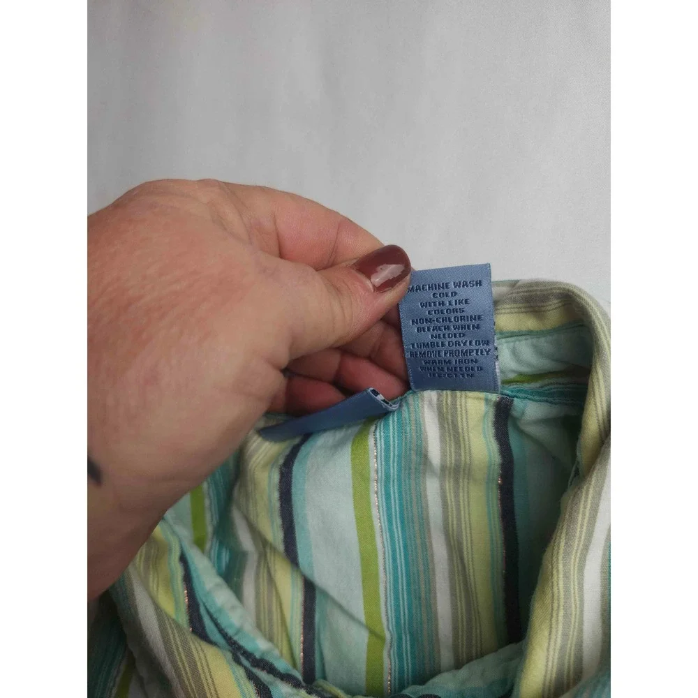 Blassport Woman 2X Striped Button Down Shirt Blue Green Lurex Metallic Cotton